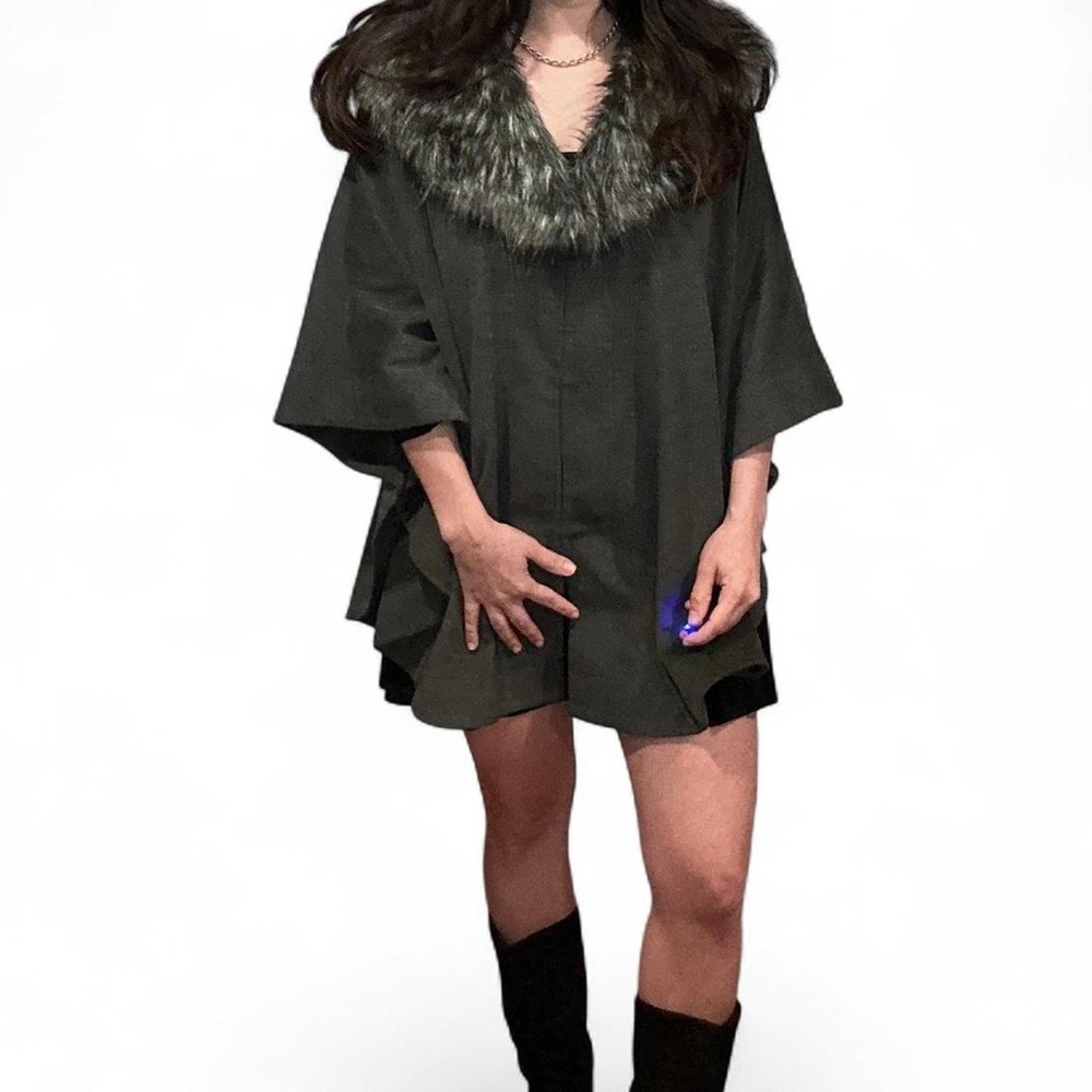 Vintage Adrienne Landau Faux Fur Cape in a Grey Wool -like fabric